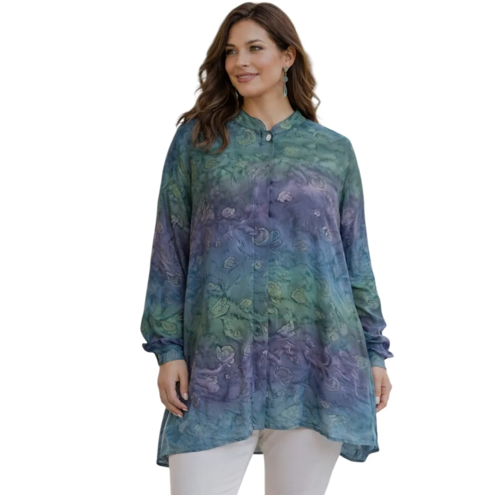 Dana‎ Taylor Woman Floral Blouse 1X Button Up Tunic Watercolor Feminine Romantic
